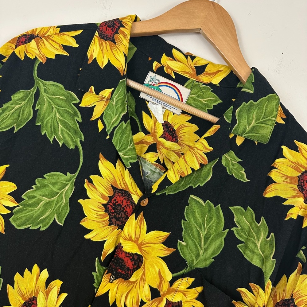 Paradise Found Vintage Honolulu Hawaiian Shirt Black Sunflower Button Up Mens XL